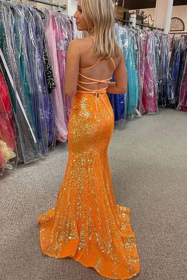 Sparkle Orange Sequin Mermaid Long Prom ...